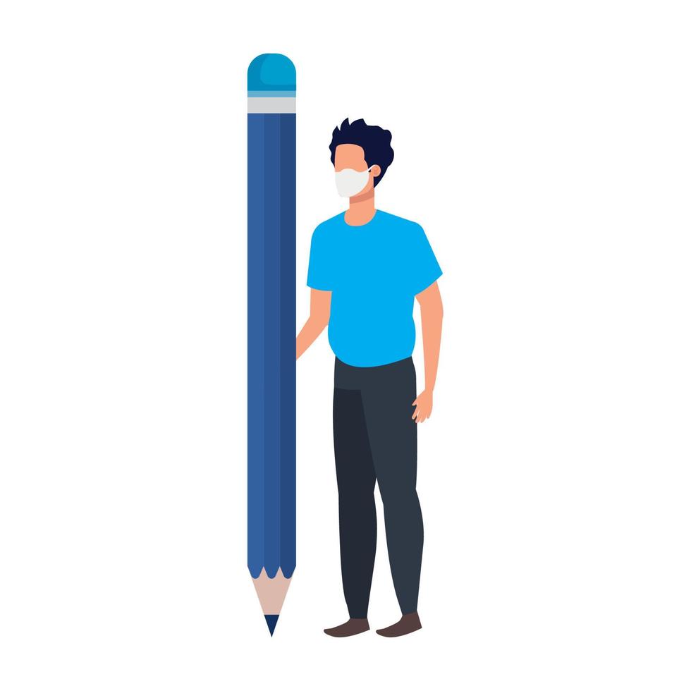 young man using face mask with pencil vector