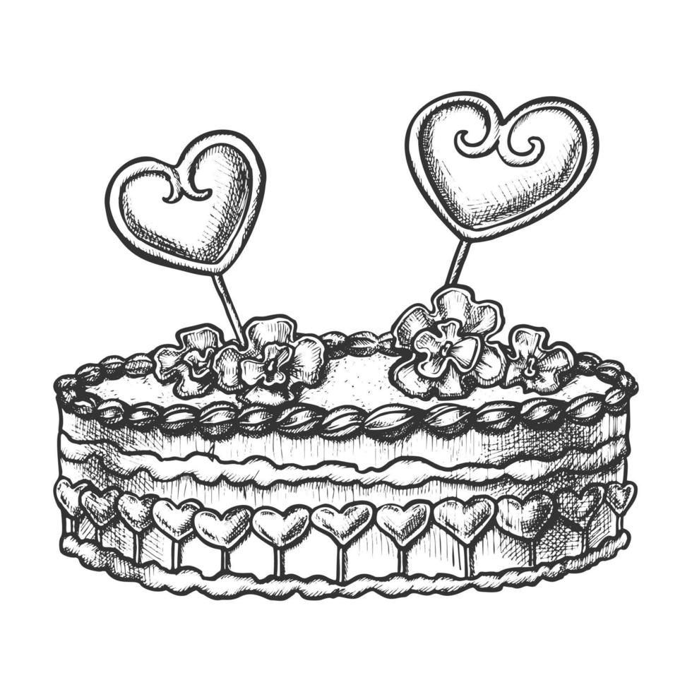 Cake Decorated Hearts And Creamy Flower Ink Vector