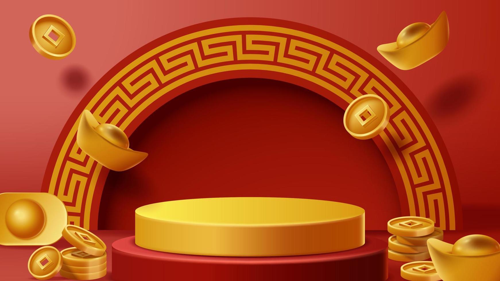 Chinese New Year display podium decoration background with chinese ornament. Vector 3D Illustration