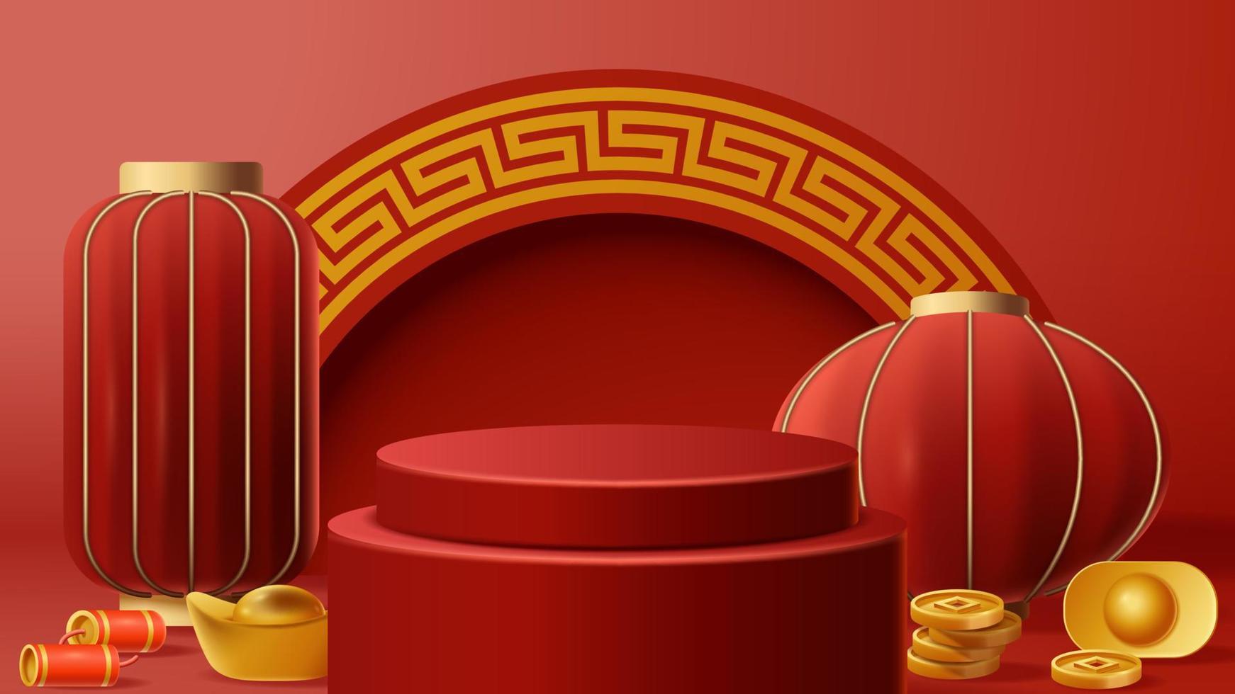 Chinese New Year display podium decoration background with chinese ornament. Vector 3D Illustration