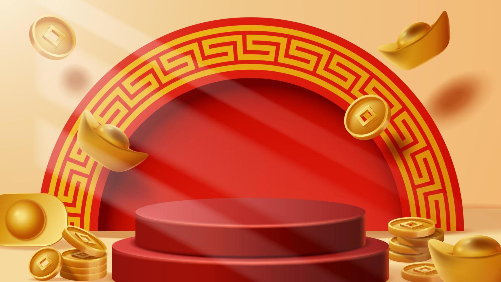 Chinese New Year display podium decoration background with chinese ornament. Vector 3D Illustration