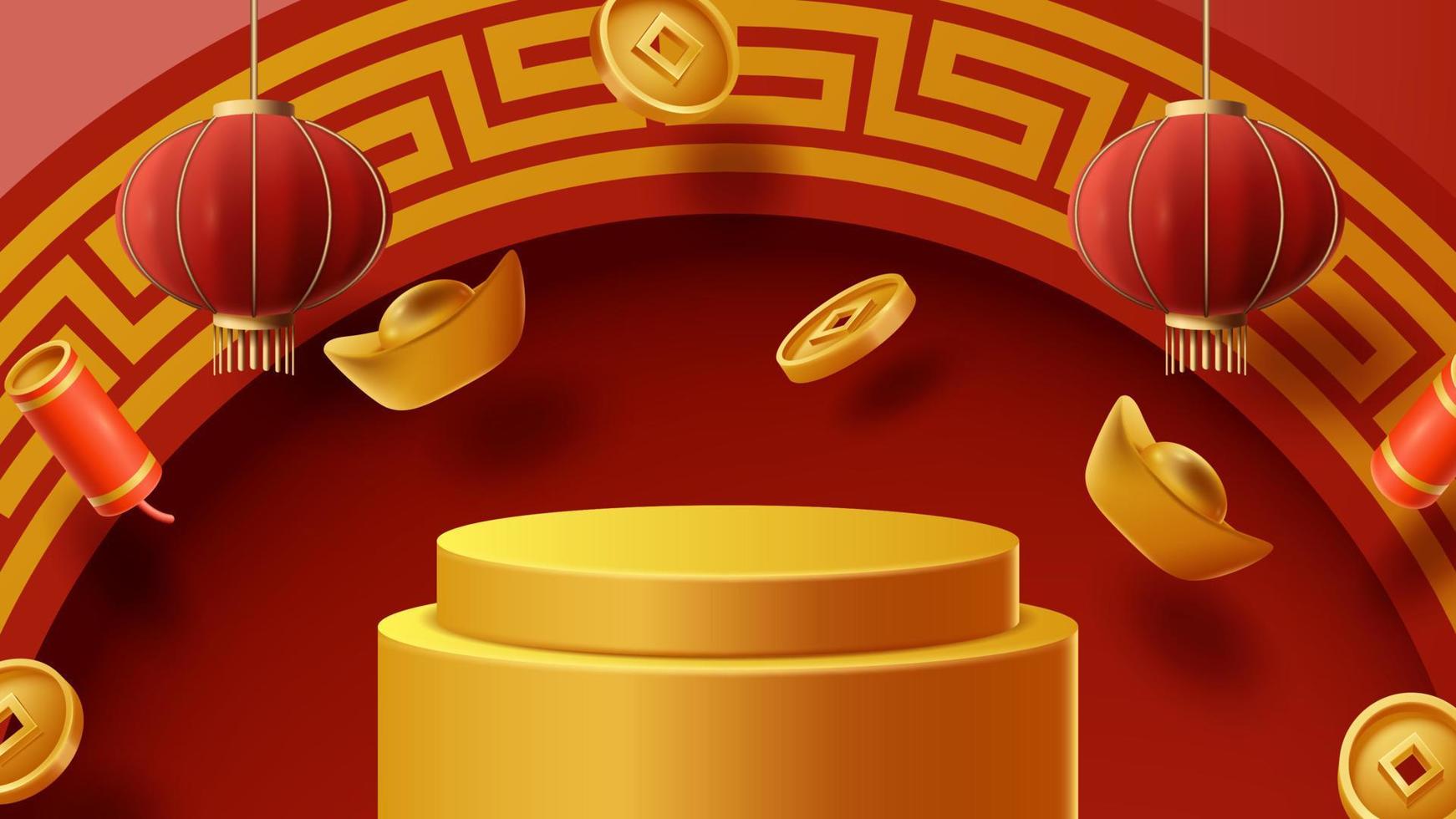 Chinese New Year display podium decoration background with chinese ornament. Vector 3D Illustration