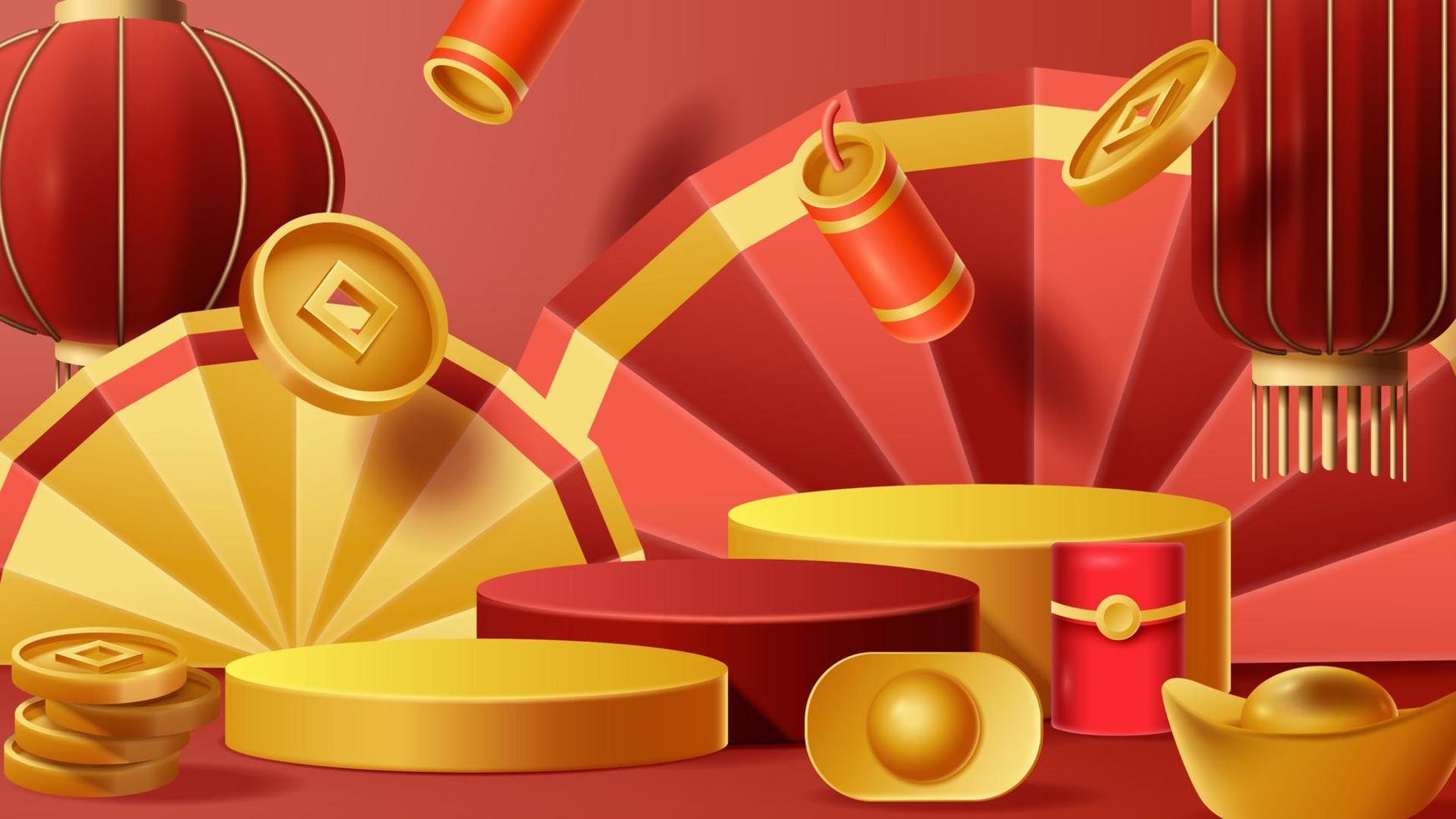 Chinese New Year display podium decoration background with chinese ornament. Vector 3D Illustration