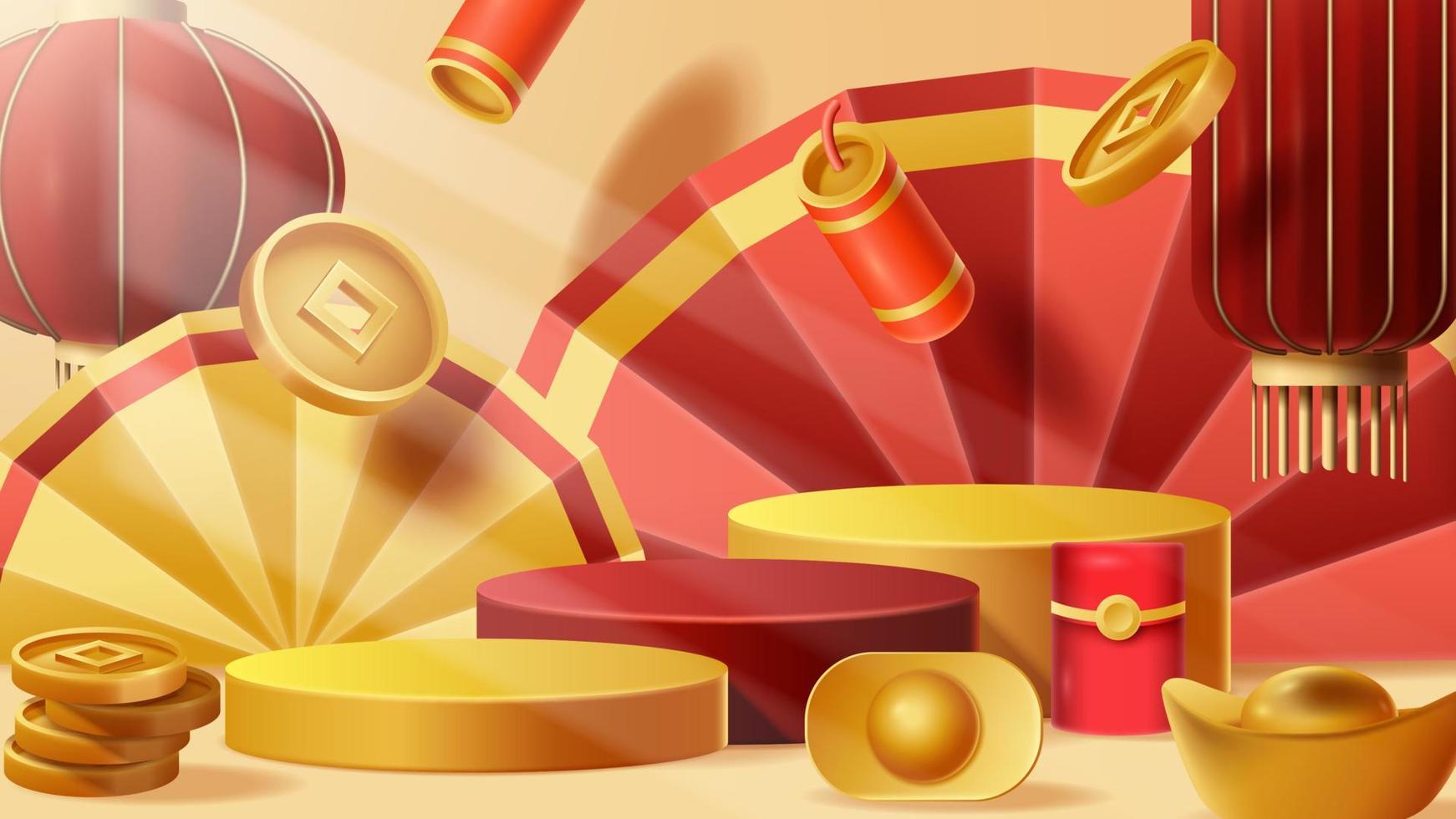 Chinese New Year display podium decoration background with chinese ornament. Vector 3D Illustration