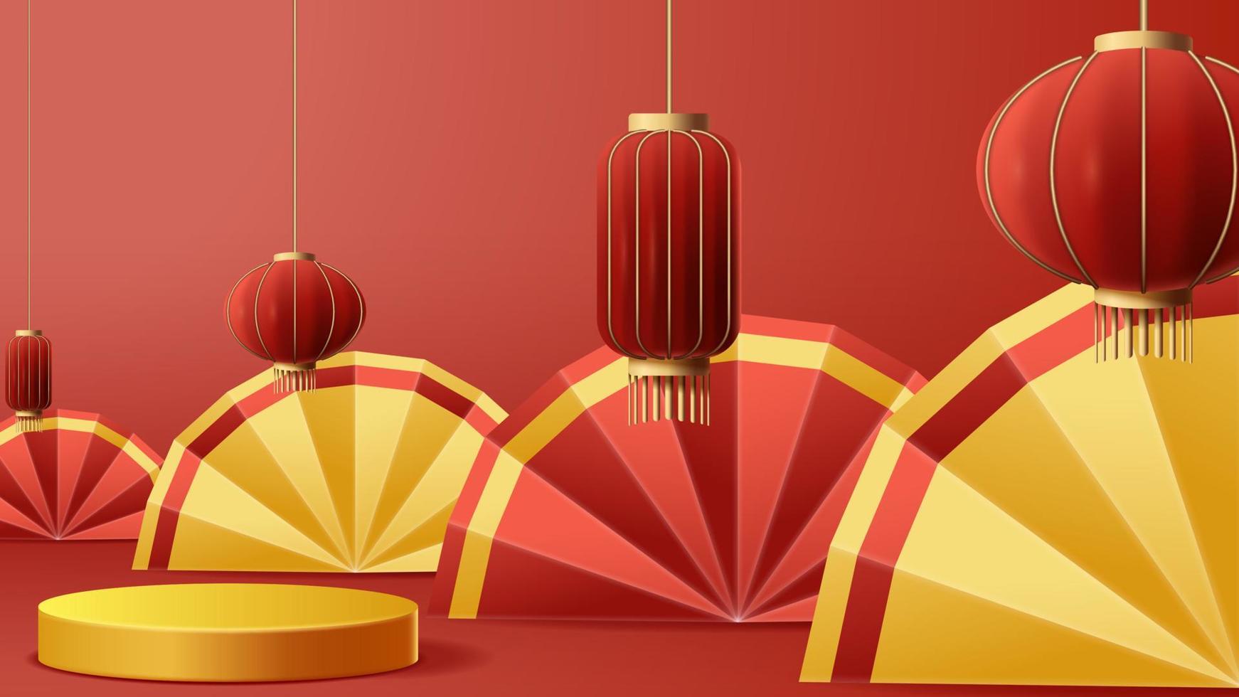 Chinese New Year display podium decoration background with chinese ornament. Vector 3D Illustration