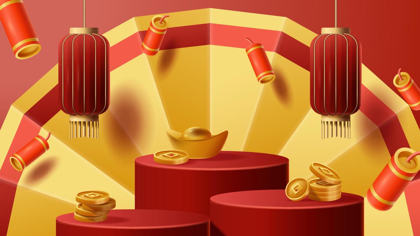 Chinese New Year display podium decoration background with chinese ornament. Vector 3D Illustration