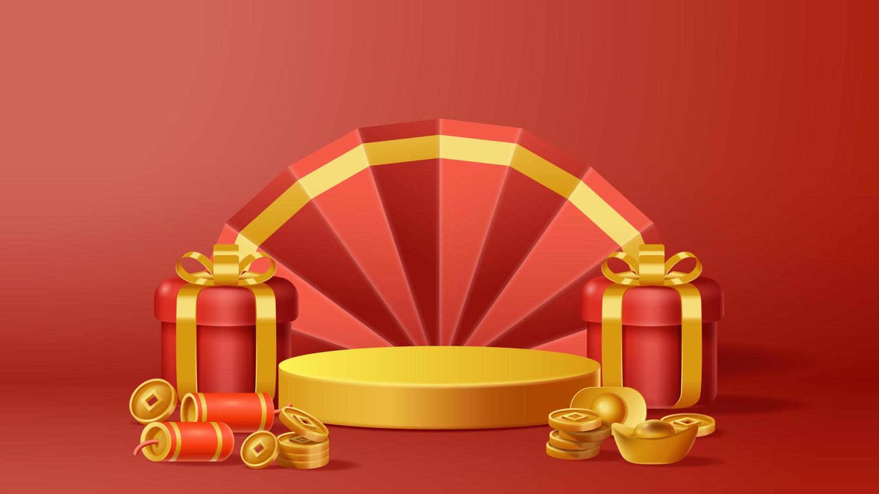 Chinese New Year display podium decoration background with chinese ornament. Vector 3D Illustration