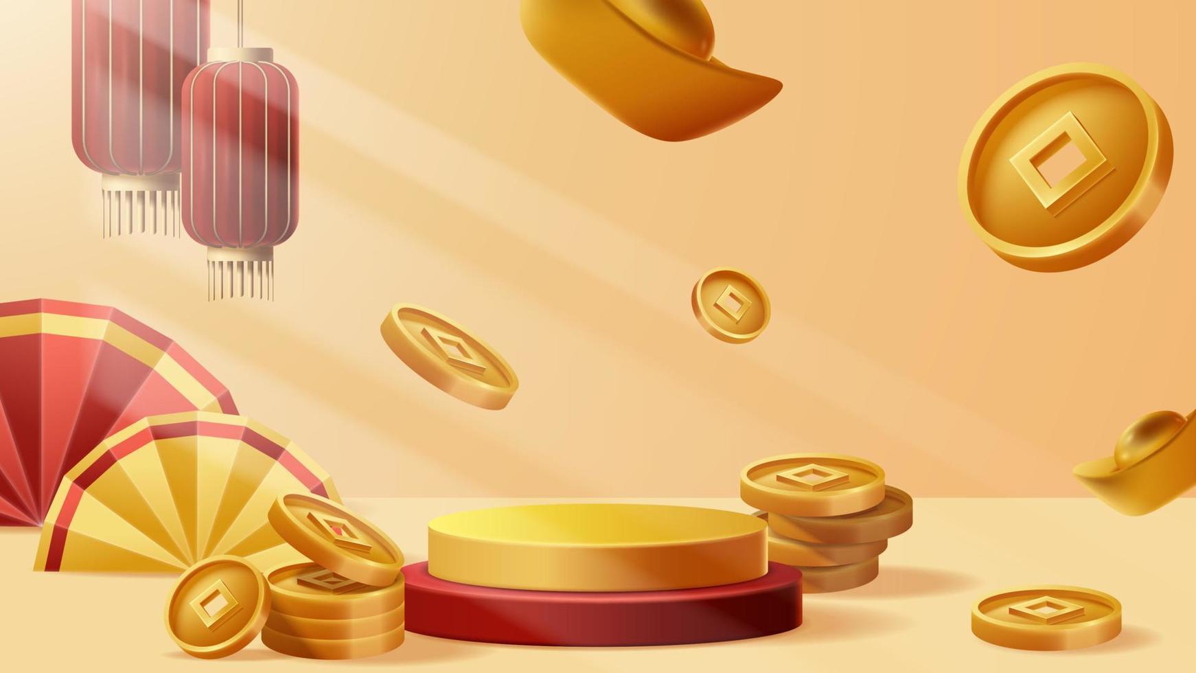 Chinese New Year display podium decoration background with chinese ornament. Vector 3D Illustration