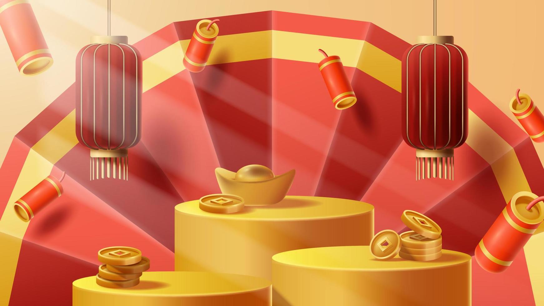 Chinese New Year display podium decoration background with chinese ornament. Vector 3D Illustration