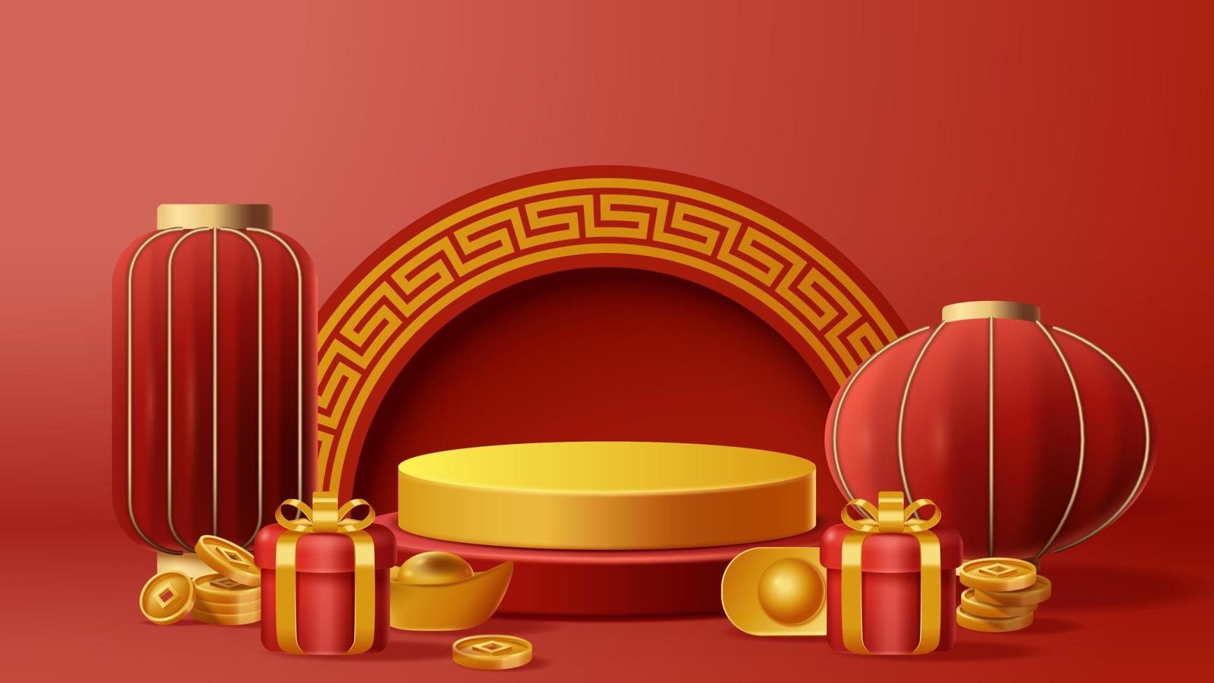 Chinese New Year display podium decoration background with chinese ornament. Vector 3D Illustration