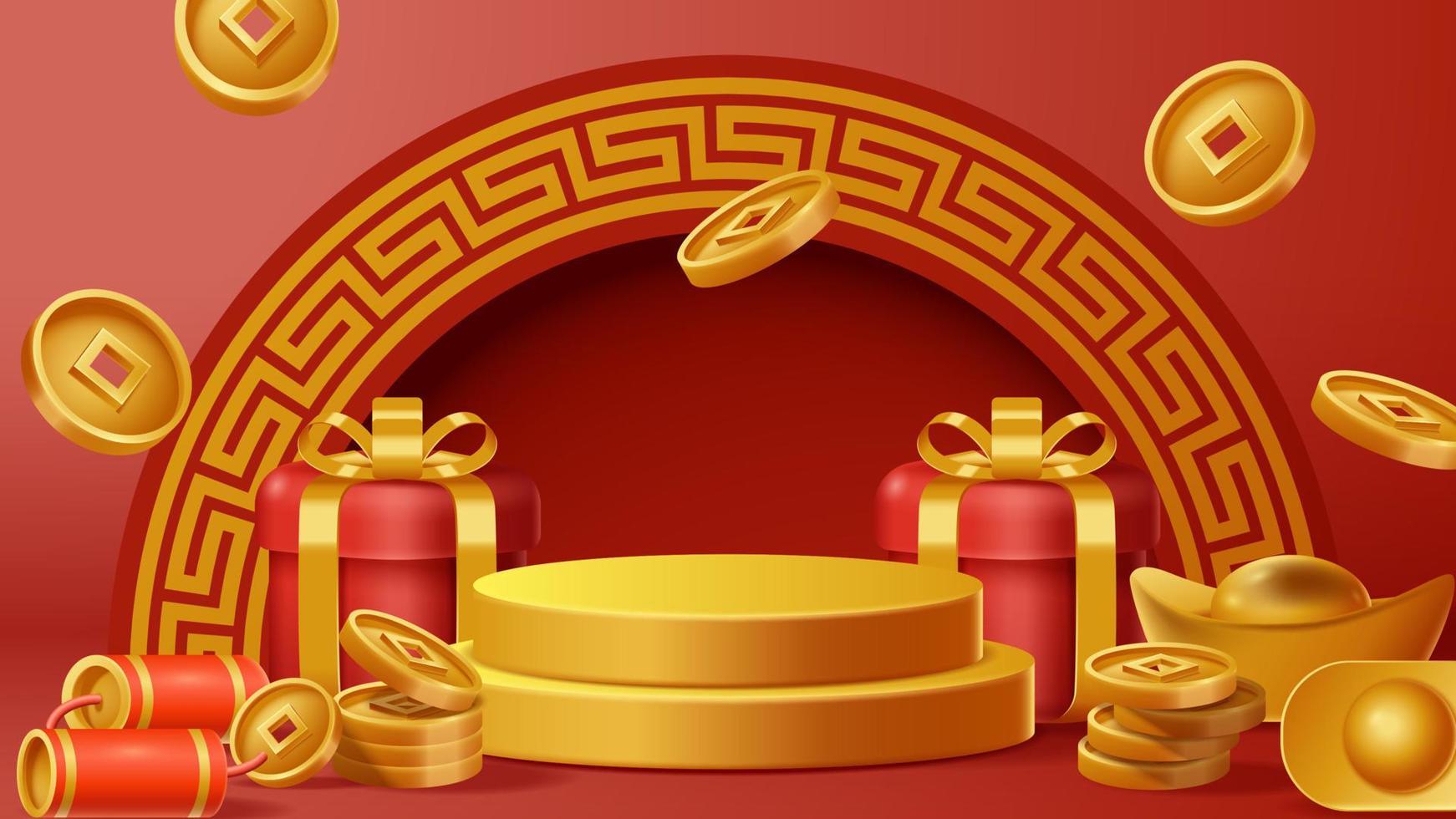 Chinese New Year display podium decoration background with chinese ornament. Vector 3D Illustration