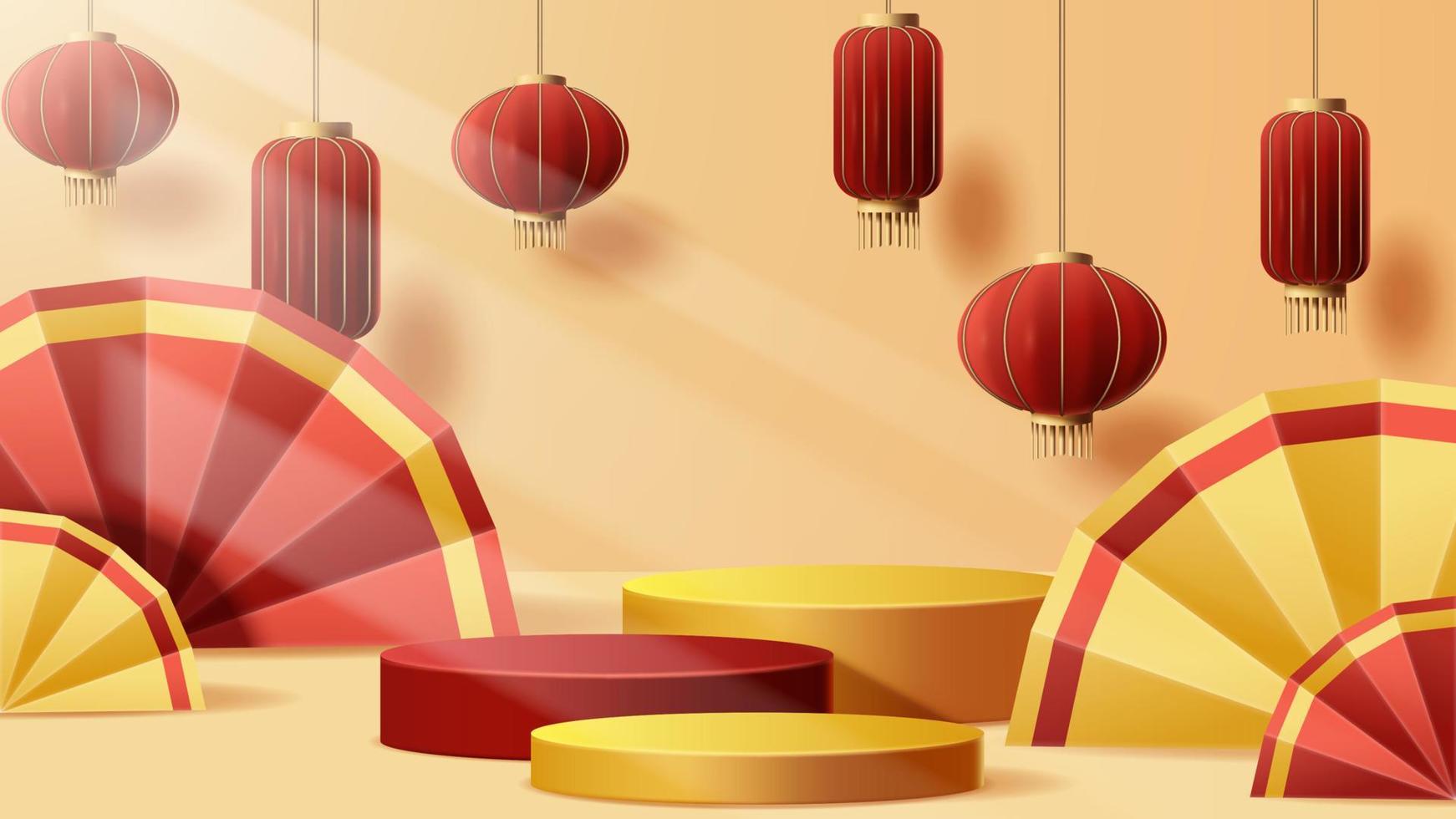 Chinese New Year display podium decoration background with chinese ornament. Vector 3D Illustration