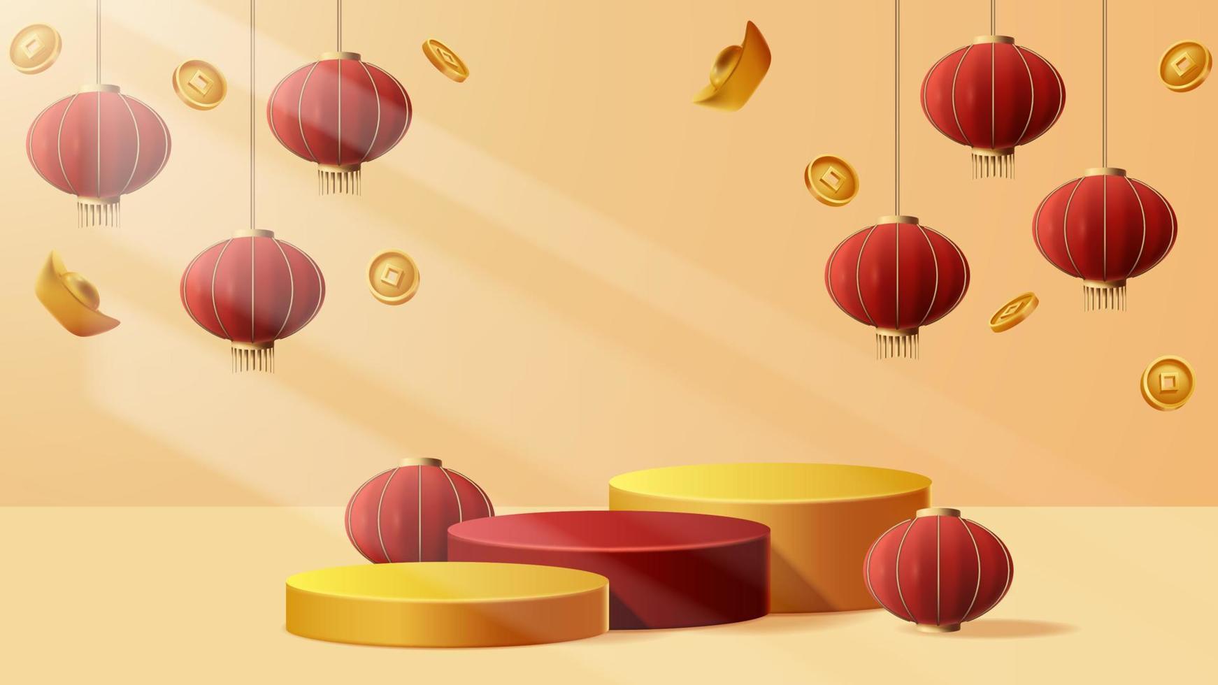 Chinese New Year display podium decoration background with chinese ornament. Vector 3D Illustration