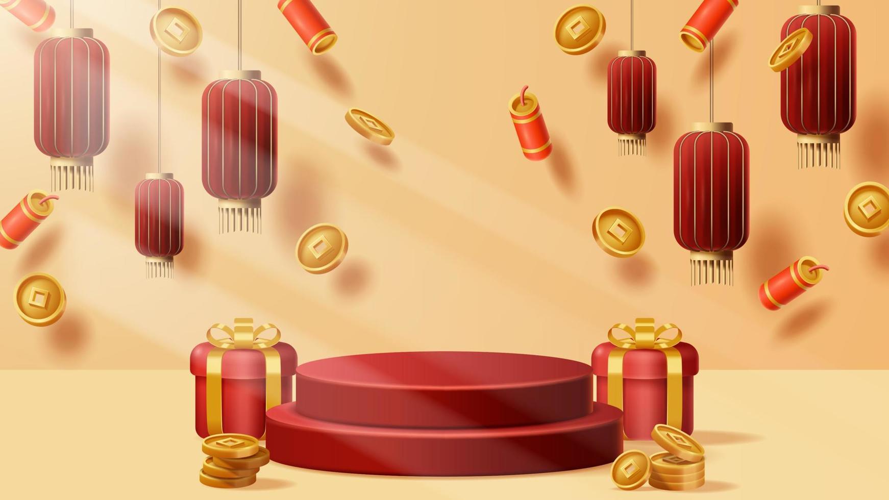 Chinese New Year display podium decoration background with chinese ornament. Vector 3D Illustration