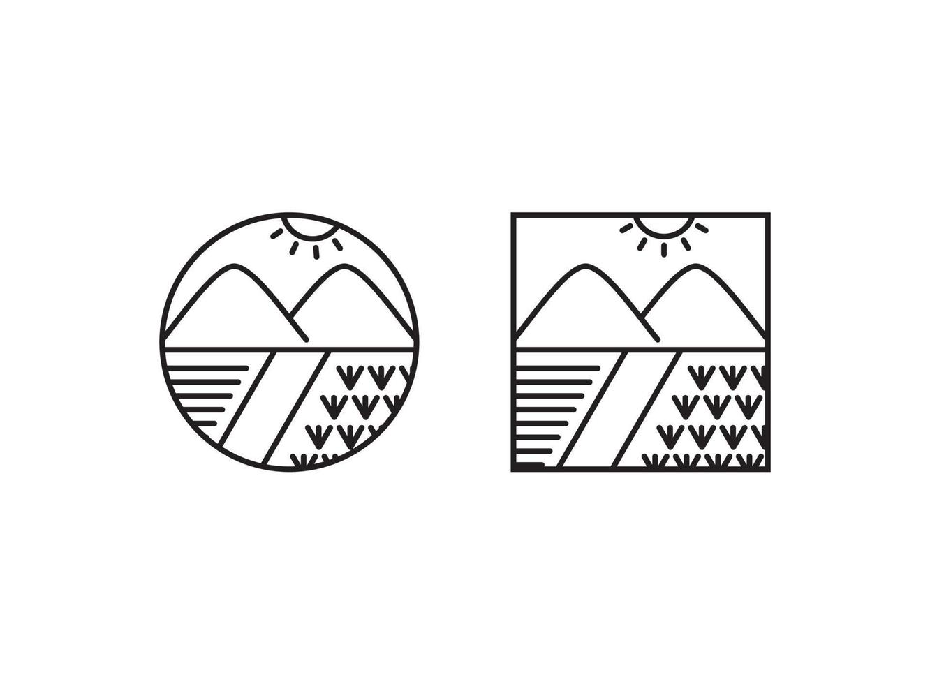 monoline mountain rice field adventure black and white vector