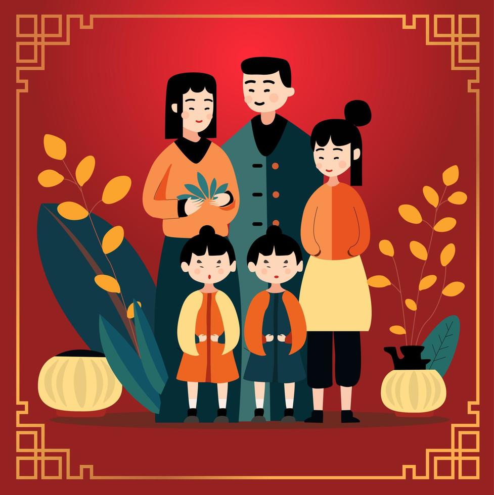 una familia china celebra el año nuevo chino con alegría y risas por el próximo año vector