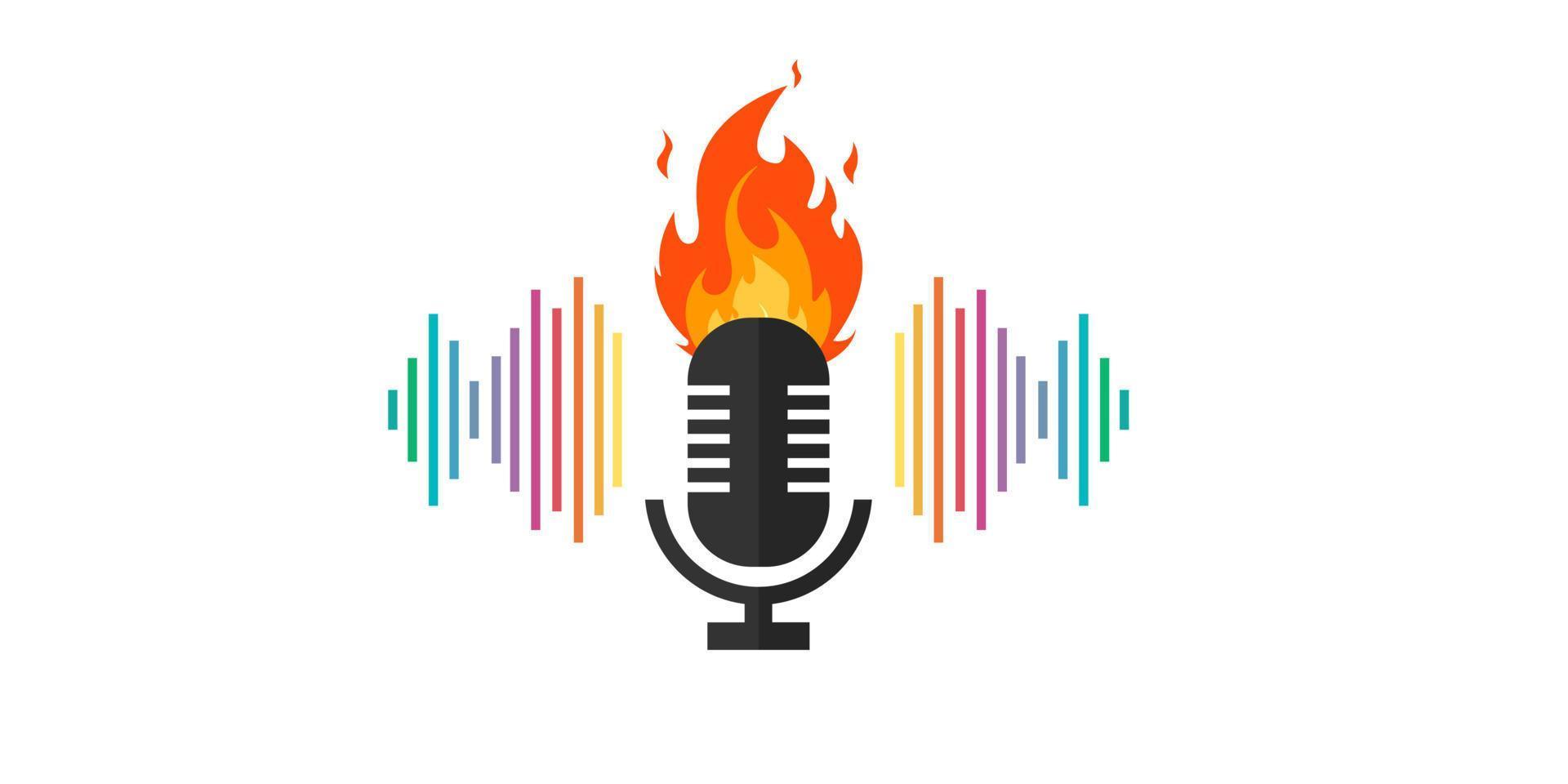 Microphone with flames icon. Music Fire Logo Design. Flame fire podcast microphone symbol. Vector drawn isolated