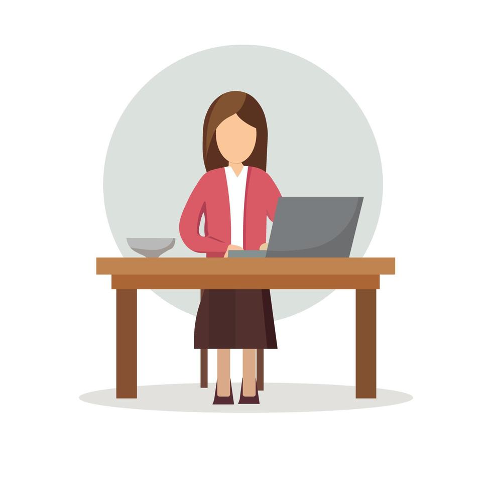 Businesswoman working with laptop at desk in office or home. Vector illustration in cartoon style