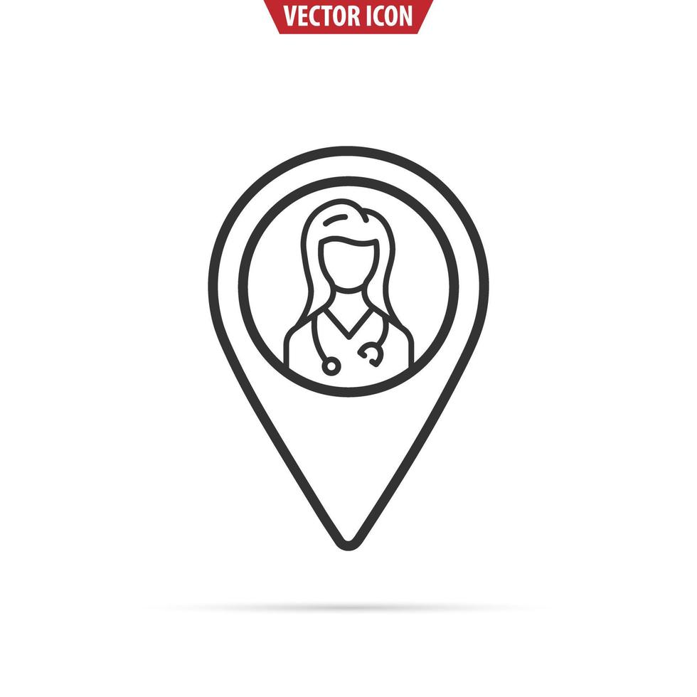 Doctor Medical Service Location Icon. Healthcare concept. Woman doctor pin. Isolated vector illustration.