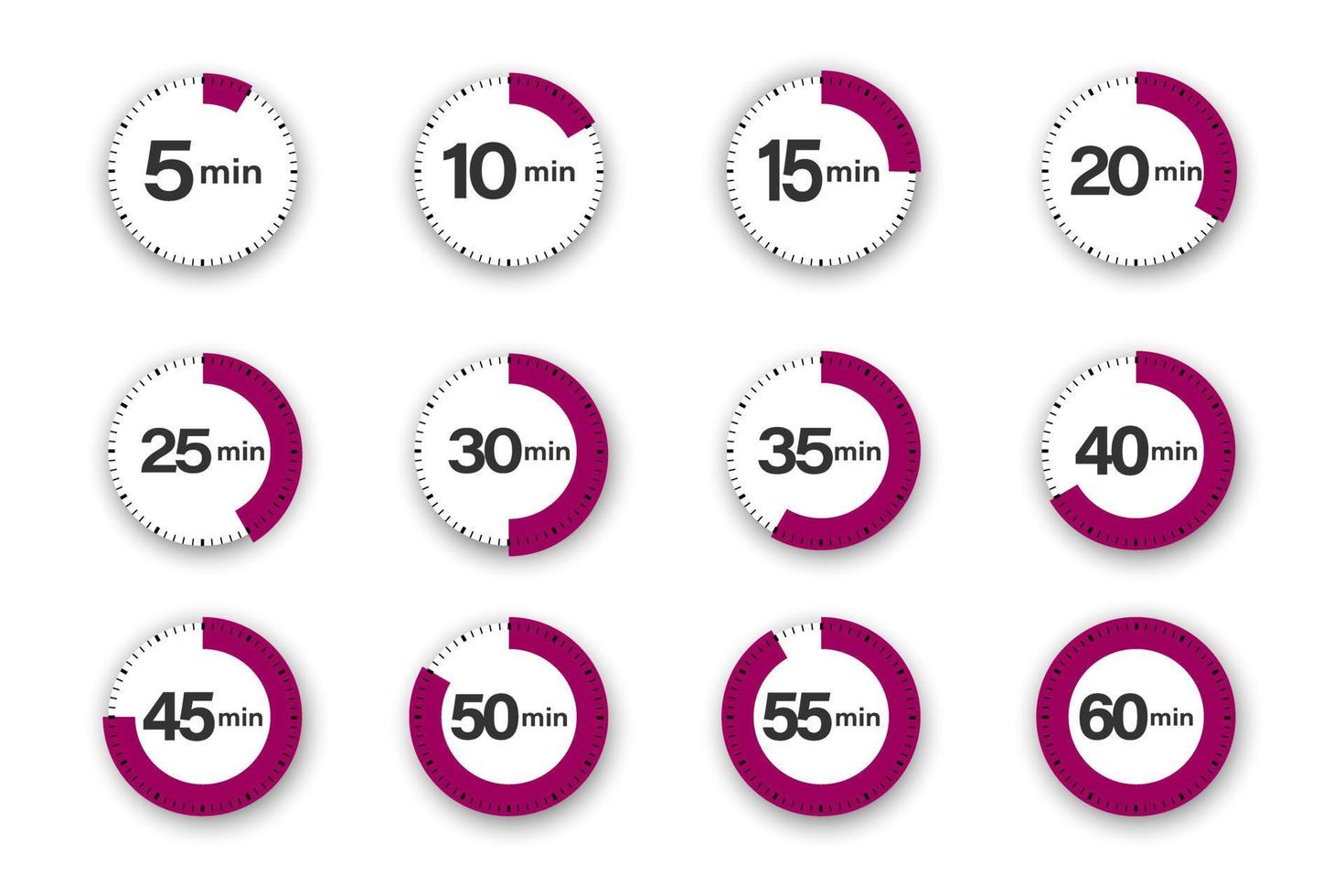 Set of timers. 5, 10, 15, 20, 25, 30, 35, 40, 45, 50, 55, and 60 minutes. Countdown timer icons set. Isolated vector illustration.