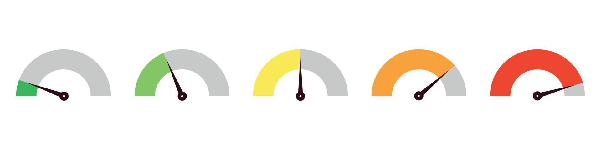 Set of different colorful speedometers, meter gauge element, ratings of varying degrees of satisfaction. Level indicator collection. Vector isolated illustration