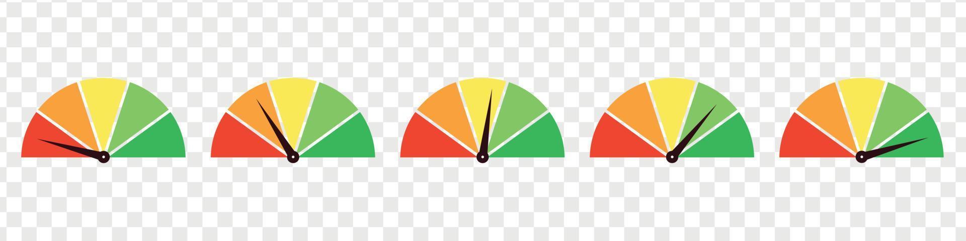 Set of different colorful speedometers, meter gauge element, ratings of varying degrees of satisfaction. Level indicator collection. Vector isolated illustration