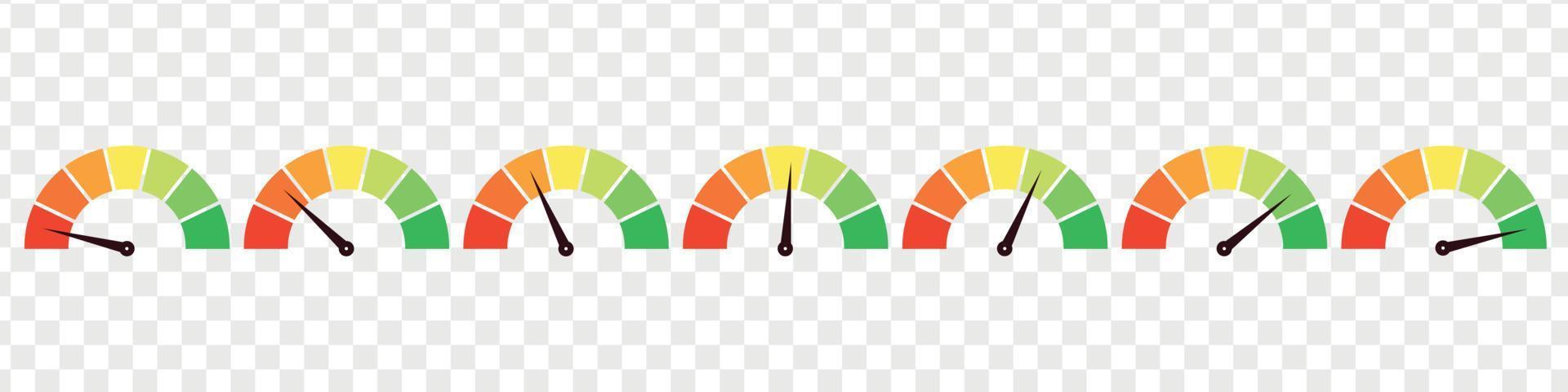 Set of different meter gauge element. Green and red, low and high barometers,bad and good level or risk scale. Vector isolated illustration