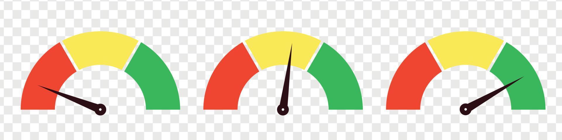 Colored speedometer or scale level. Speed indicator, gauge of risk. Vector isolated illustration