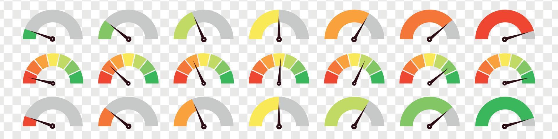 Set of different colorful speedometers, meter gauge element, ratings of varying degrees of satisfaction. Level indicator collection. Vector isolated illustration