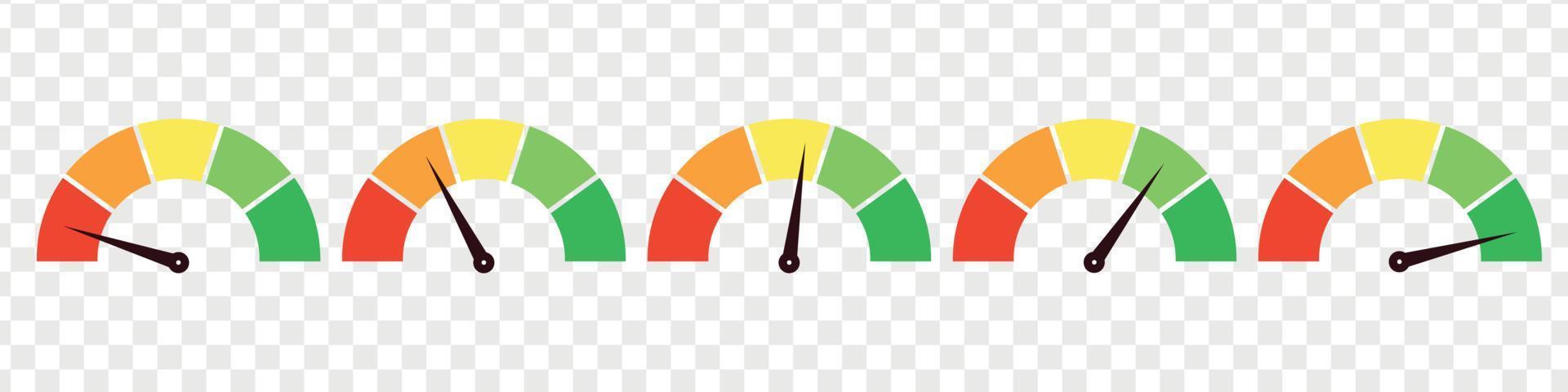 Set of different meter gauge element. Green and red, low and high barometers,bad and good level or risk scale. Vector isolated illustration