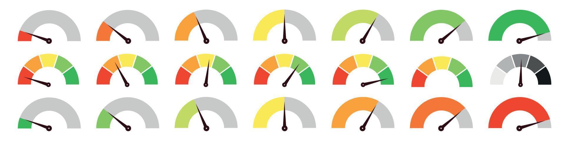 conjunto de velocímetro, indicador de marcación rápida. barómetros verde y rojo, alto y bajo, nivel malo y bueno o escala de riesgo. ilustración vectorial aislada vector