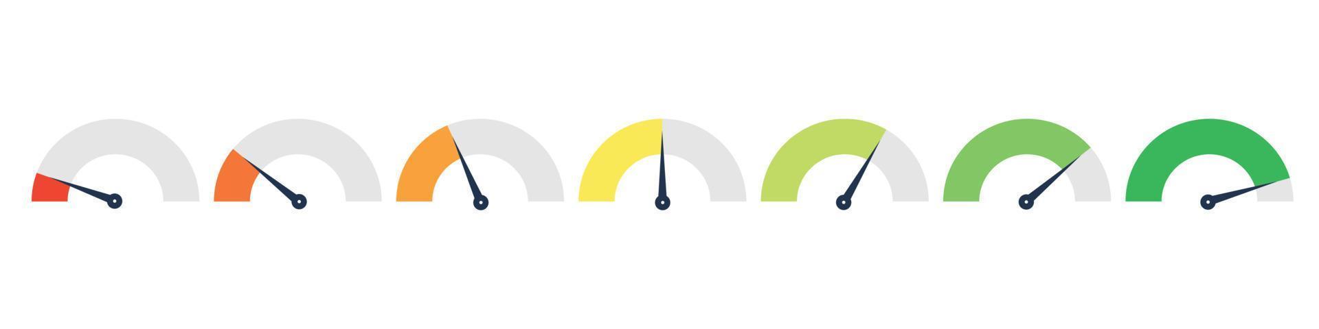 Set of different colorful speedometers, meter gauge element, ratings of varying degrees of satisfaction. Level indicator collection. Vector isolated illustration