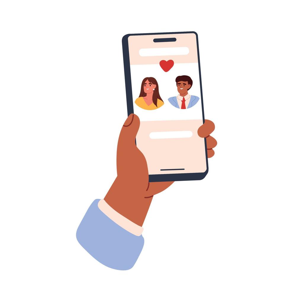 Dating app for phone. Hand hold cell phone for search love. Flat vector illustration