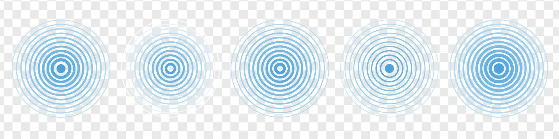 Set on blue radar vibration. Wave pattern. Round frame set. Water wave. Vector isolated illustration