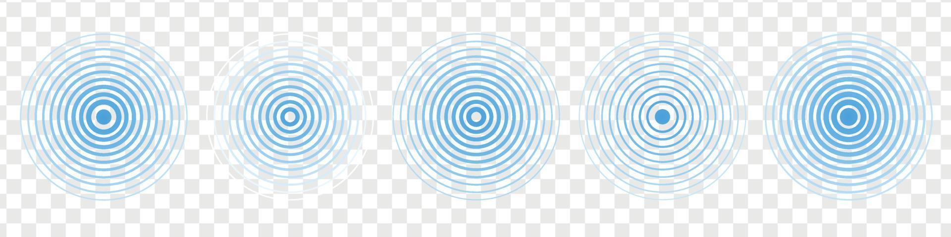 Set on blue radar vibration. Wave pattern. Round frame set. Water wave. Vector isolated illustration