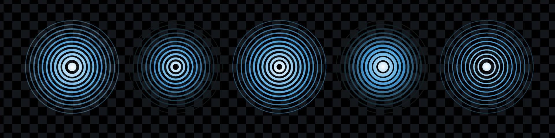 Blue radial pulse line on black background. Curve blue line light effect. Signal concentric circle. Graphic element. Round light effect set. Circular wave spiral. Vector isolated illustration