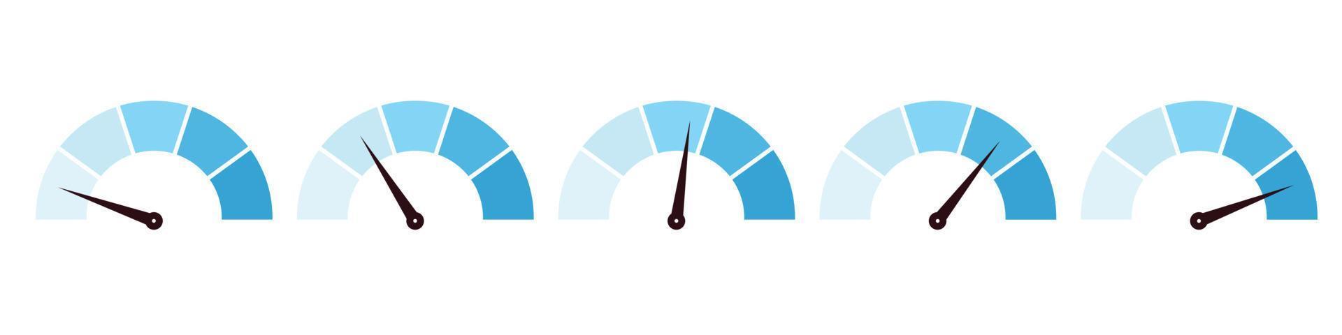 Blue scale meter with low, high and medium bar. Level risk graph or control quality. Vector isolated illustration