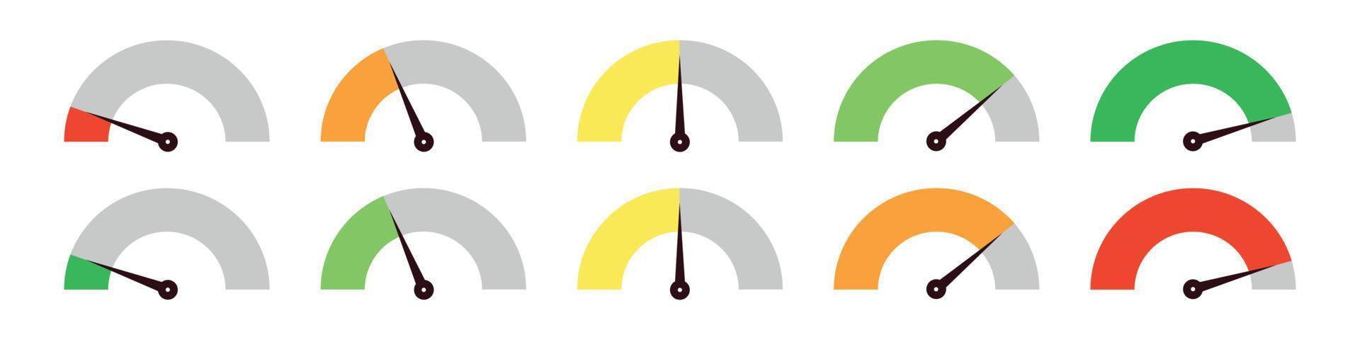 Set of different colorful speedometers, meter gauge element, ratings of varying degrees of satisfaction. Level indicator collection. Vector isolated illustration