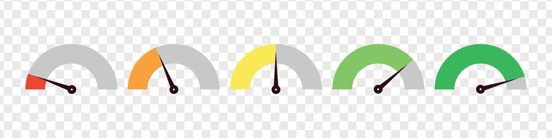 Set of speedometer, speed dial indicator. Green and red, low and high barometers,bad and good level or risk scale. Vector isolated illustration