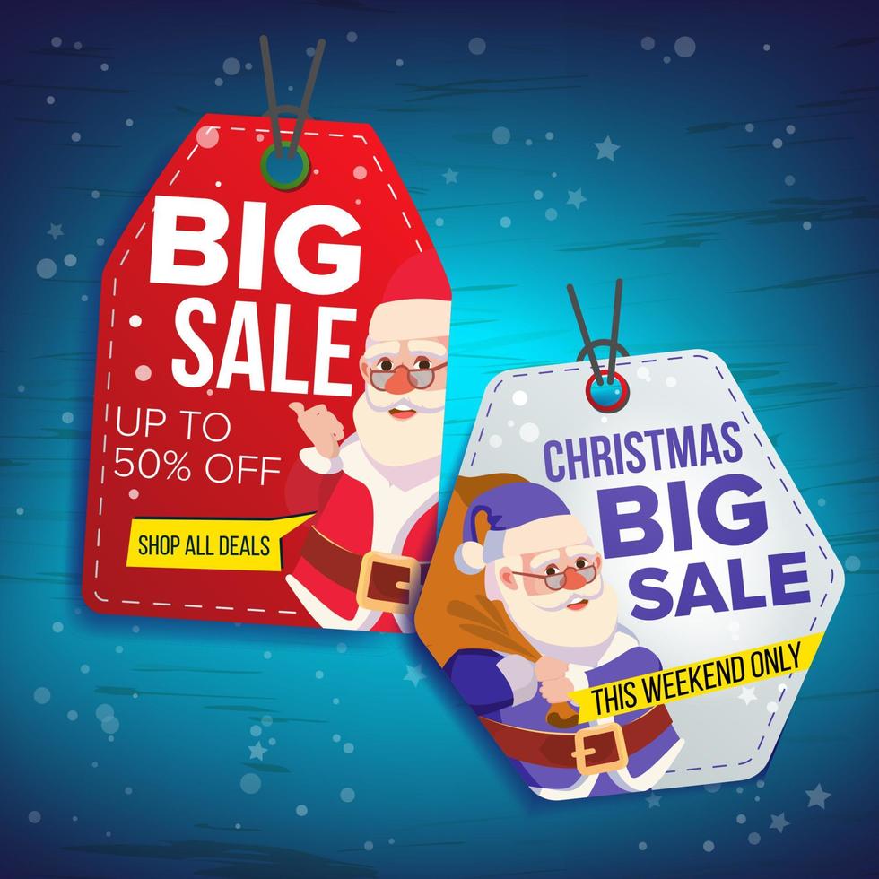 Christmas Sale Tags Vector. Flat Christmas Special Offer Stickers. Santa Claus. 50 Off Text. Hanging Sale Banners With Half Price. Modern Illustration vector