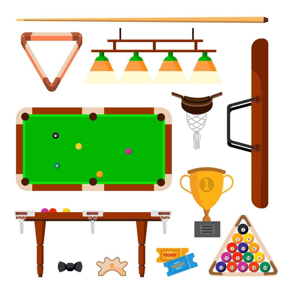 conjunto de iconos de billar vector. snooker, accesorios de billar. bolas, taco, mesa verde, lámpara. ilustración de dibujos animados plana aislada vector