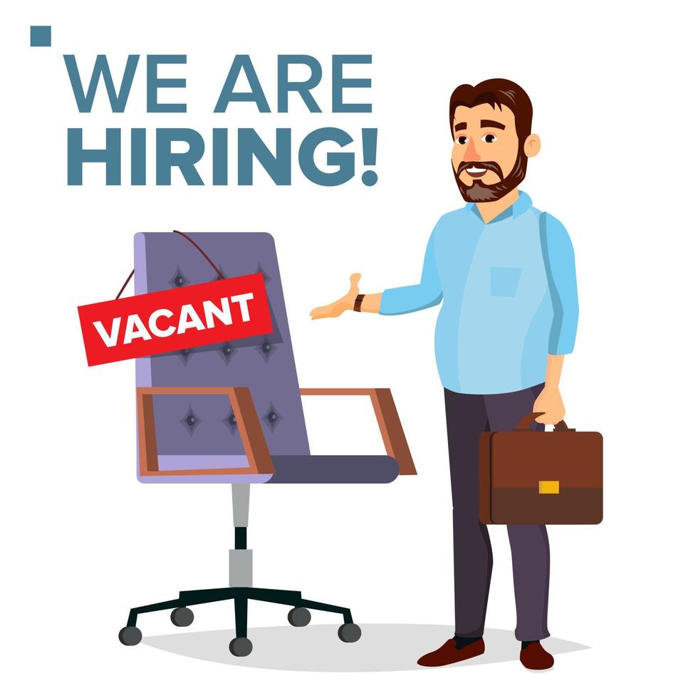 Recruitment Process Vector. Human Resources. Businessman Choice Of Employee. Office Chair. Vacancy Sign. Recruiting, Hiring. Isolated Flat Cartoon Illustration vector