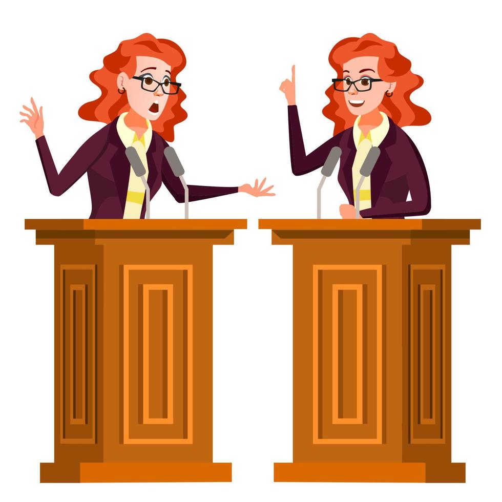 Speaker Woman Vector. Podium With Microphone. Giving Public Speech. Debates. Presentation. Isolated Flat Cartoon Character Illustration vector