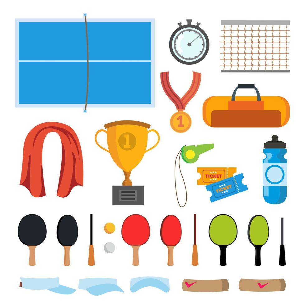 iconos de tenis de mesa establecer vector. accesorios de tenis de mesa. raqueta, red, pelota, mesa. ilustración de dibujos animados plana aislada vector