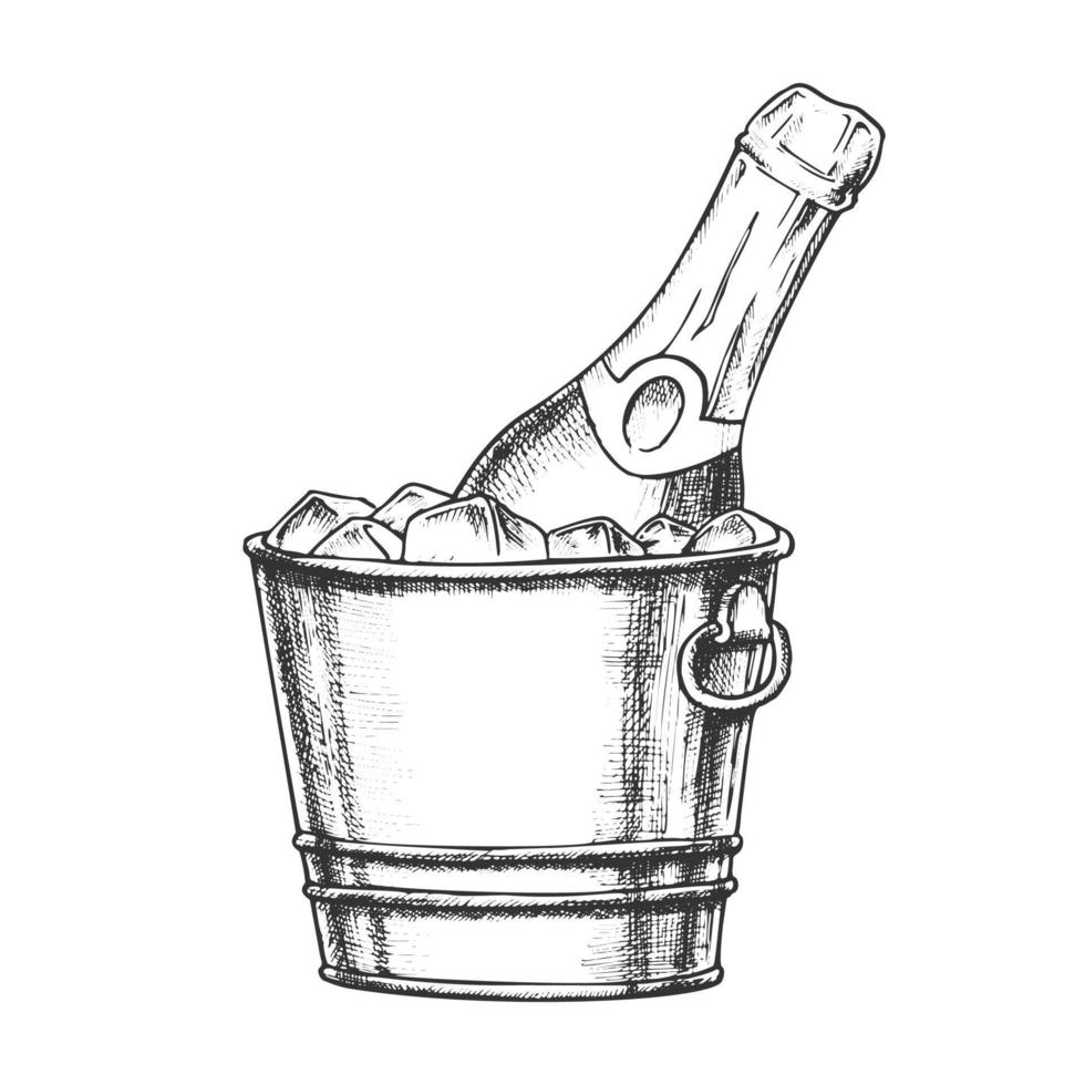 Champagne Bottle In Bucketful With Ice Ink Vector