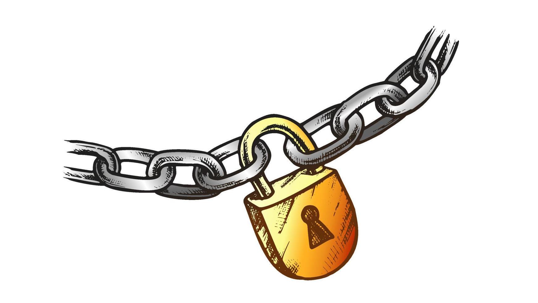 Steel Chain And Brass Padlock Color Vector