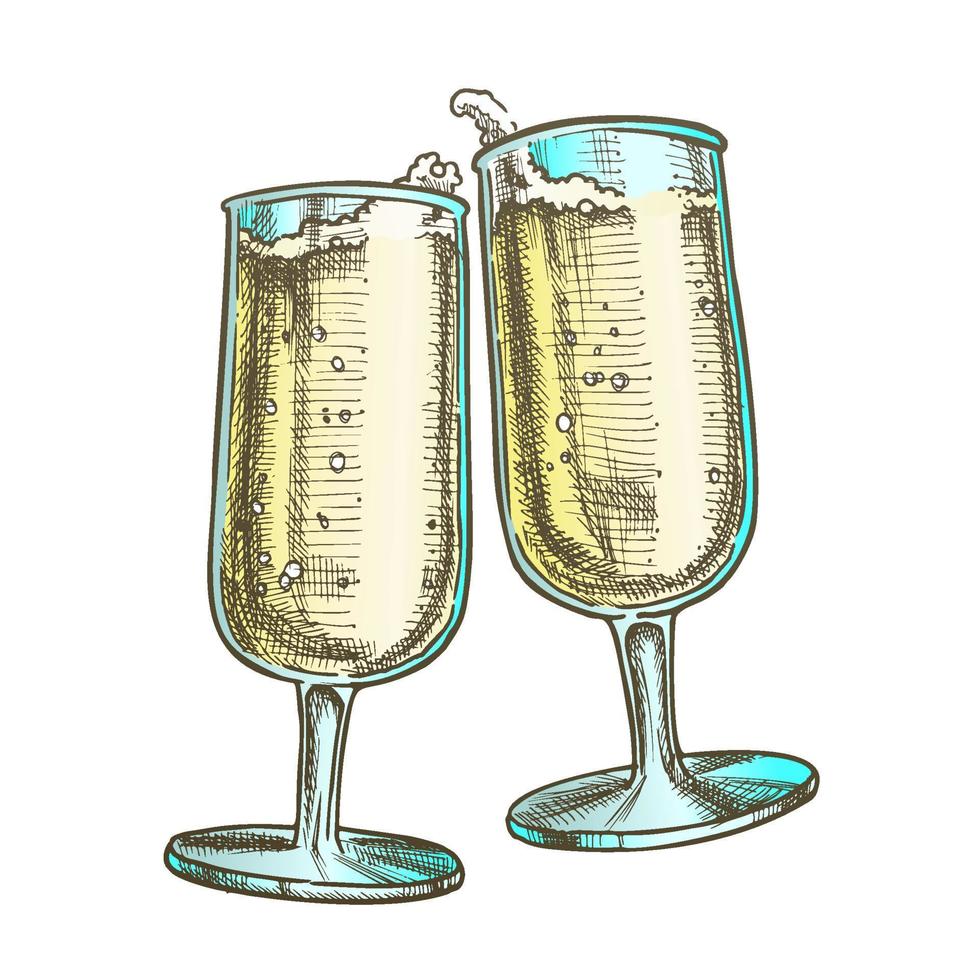 Two Elegance Champagne Glasses Color Vector