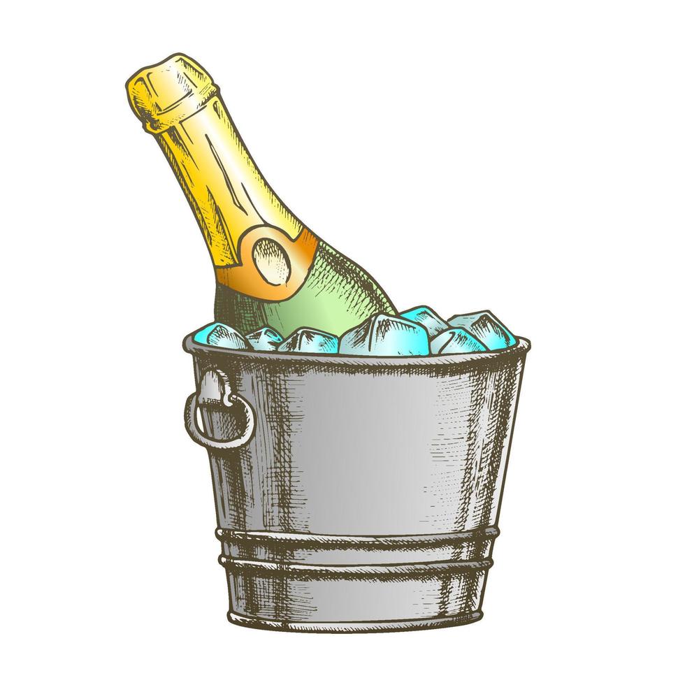 Champagne Bottle In Bucketful With Ice Color Vector