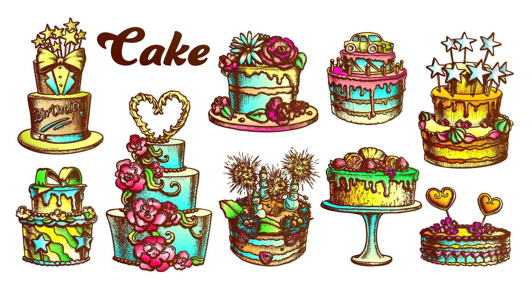 Cake Pie Delicious Collection Retro Set Vector