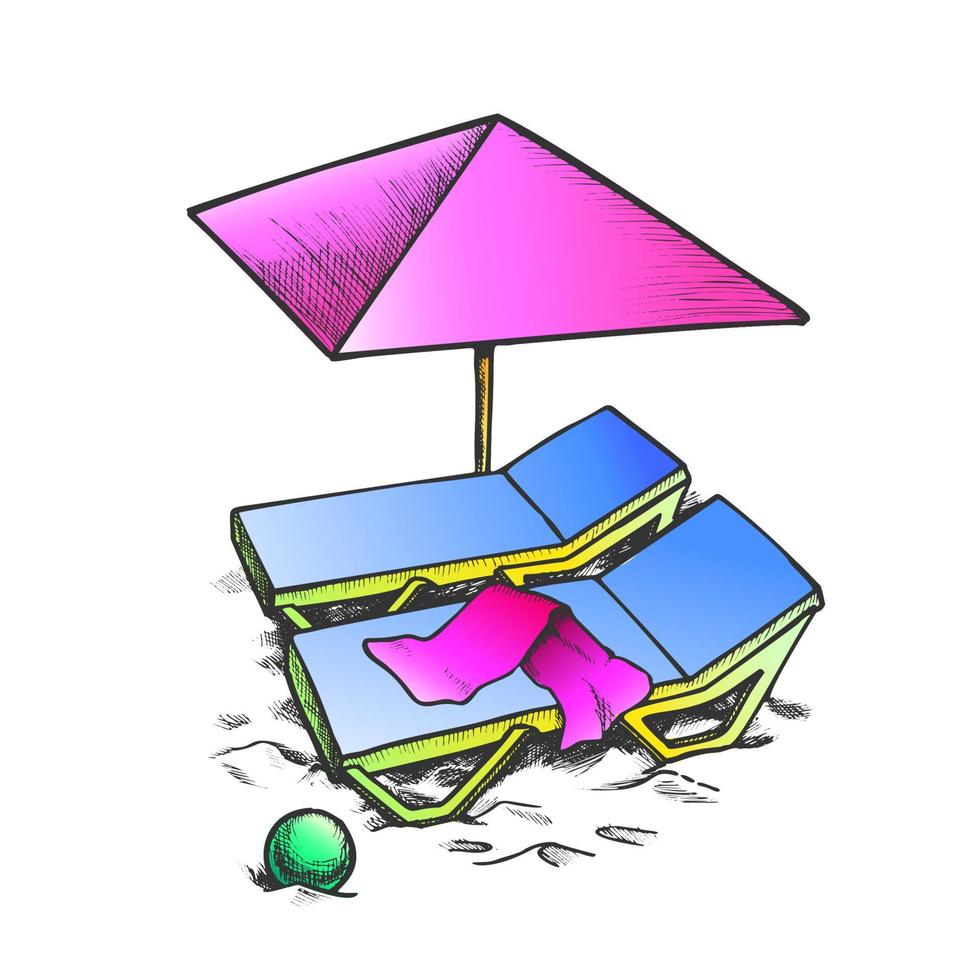 Two Beach Chair With Umbrella And Ball Ink Vector